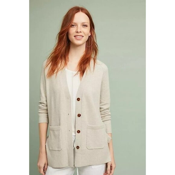 Anthropologie Beige Knit Cardigan Sweater Pockets Button Closure S 7234 NWT